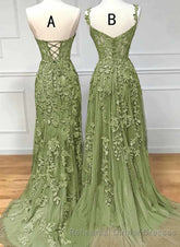 Lovely Sage Green Tulle With Lace Long Semi Formal Prom Dress, Sweetheart Semi Formal Prom Dress
